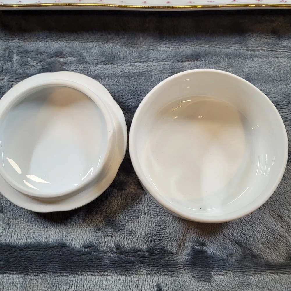 KPM Porcelain Vanity Set 4pc Floral Bud Vases Lidded Trinket Box and Tray